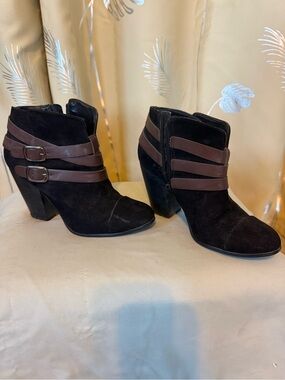Black Suede Ankle Booties with Brown Strap Detail